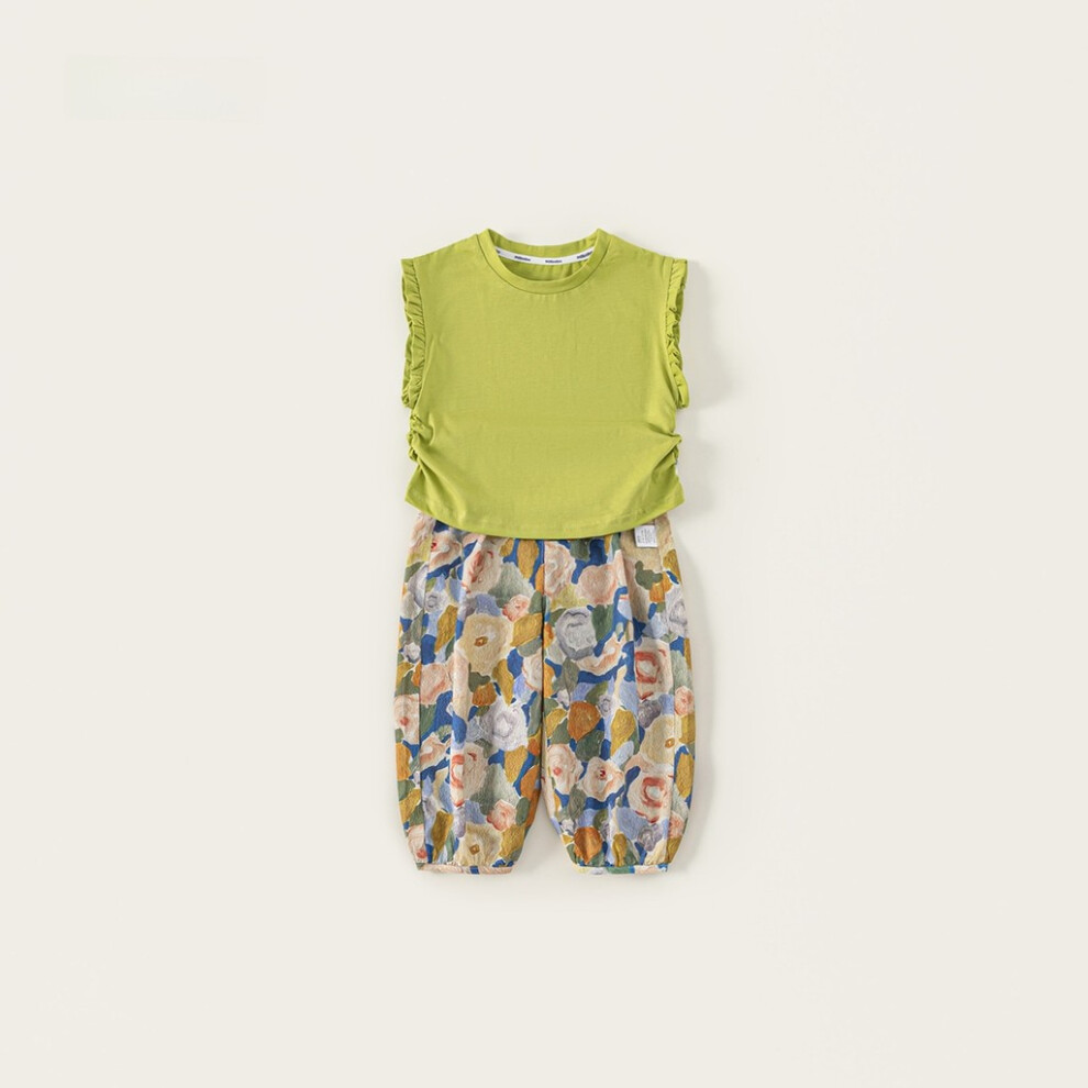 (Green Yellow Floral,150Cm)Conjunto De Ropa De Verano Para NiñOs Camiseta Sin Mangas Informal Pantalones Al Tobillo Para Jugar Diariamente-image
