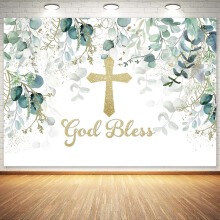 (As show, One size) Heyone 7X5FT Polyester God Bless Photography Mi Bautizo Backdrop Baptism First Holy Communion Christening Party Decor Forest Leaves Baby Shower Cake T