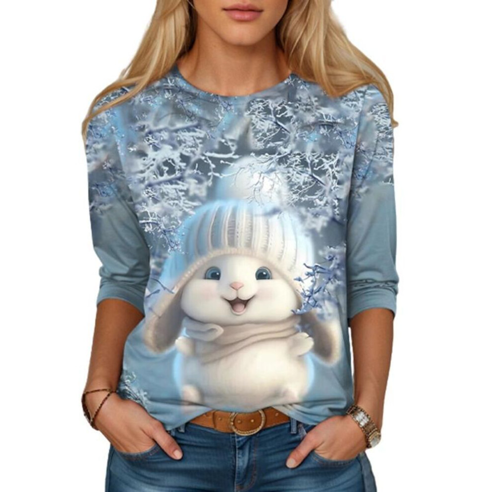 (5XL, light blue) Tops For Women 3D Light Blue Cute Rabbit Print Round Neck Long Sleeve T-shirt Fall Casual Women's Long Sleeve Top For Christmas