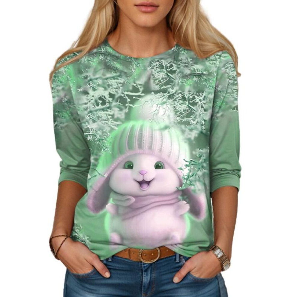 (XS, green) Tops For Women 3D Light Blue Cute Rabbit Print Round Neck Long Sleeve T-shirt Fall Casual Women's Long Sleeve Top For Christmas