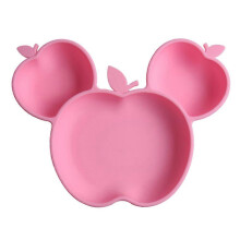 (As show, One size) Cute Apple Shaped Child Feeding Plate For Baby Toddlers Waterproof No Slip Portable Reusable Silicone Dinner Plate-Pink