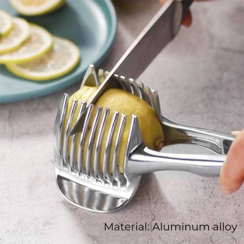 (silver, 1PCS) Handheld Tomato Slicer Lemon Cutter Stainless Steel Cutting Aid Slicing Holder Kitchen Gadget