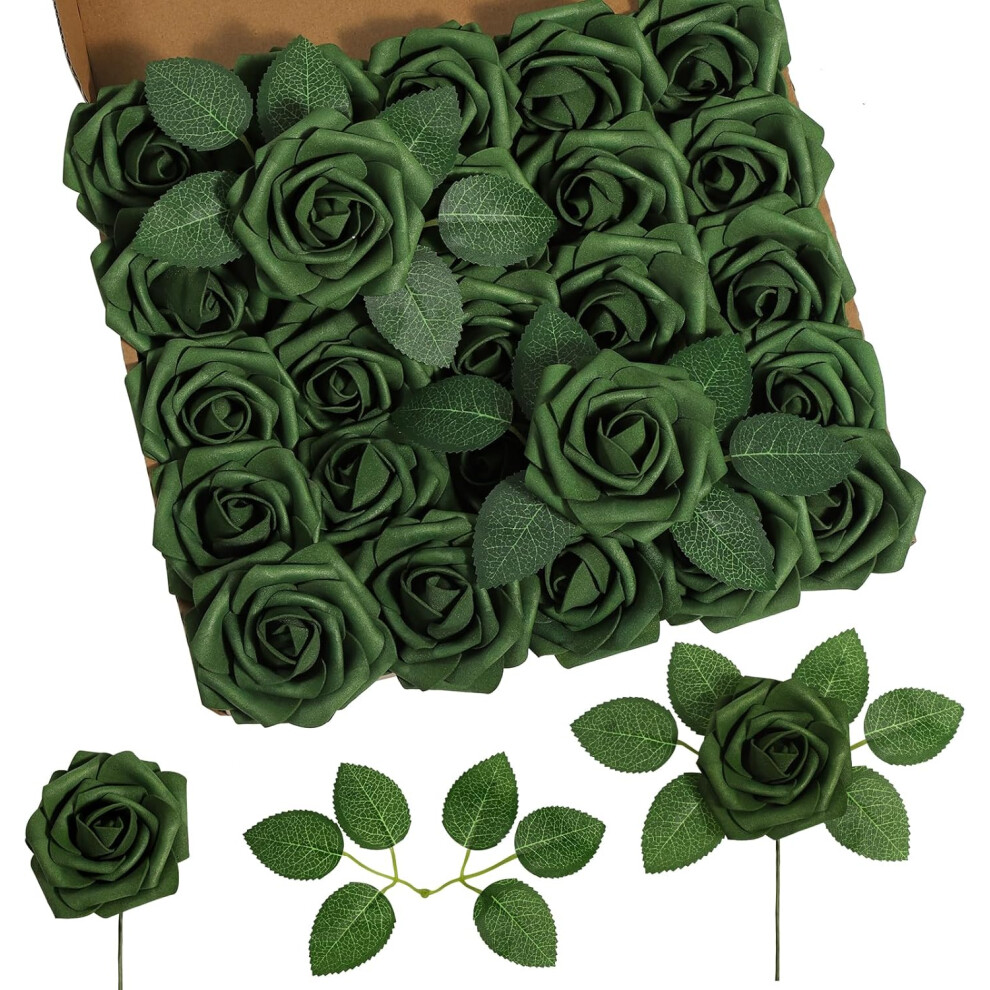 (Green (Army Green)) 25Pcs Artificial Roses with Stems Real Touch Foam Flower Head for DIY Wedding Bridal Bouquet Centerpiece Floral Arrangement Party-image-OPC-PHSCV9X-NEW
