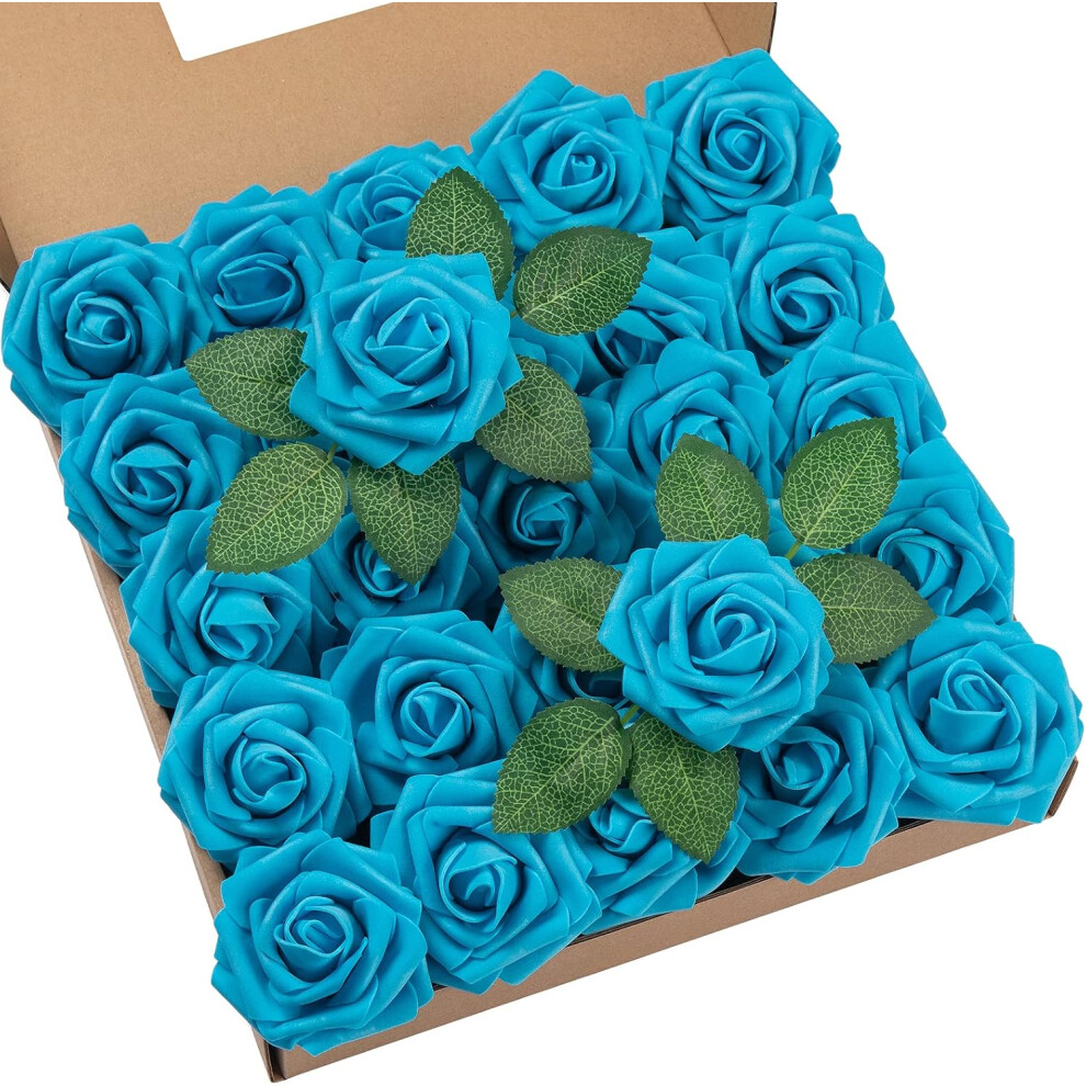 (Middle Blue) 25Pcs Artificial Roses with Stems Real Touch Foam Flower Head for DIY Wedding Bridal Bouquet Centerpiece Floral Arrangement Party Home D-image-OPC-PHSCVBD-NEW