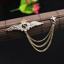 (N089, One size) Crystal Rhinestone Wing Chain Tassels Brooch Lapel Pin Mens Accessories