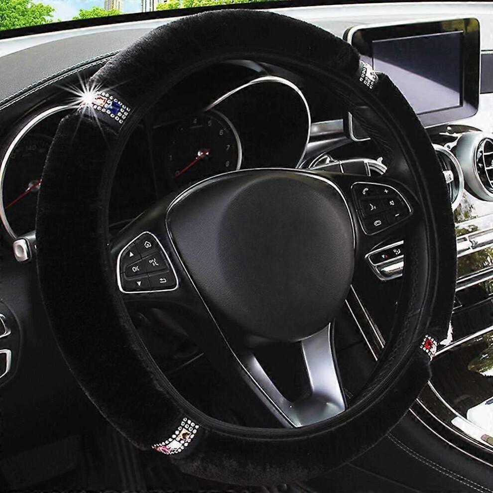 (As Show, One Size) Steering Wheel Cover For Winter Warm, Fluffy Pure Australia Sheepskin Wool, With Bling Universal 15 Inch (Black) Black 4633503755038