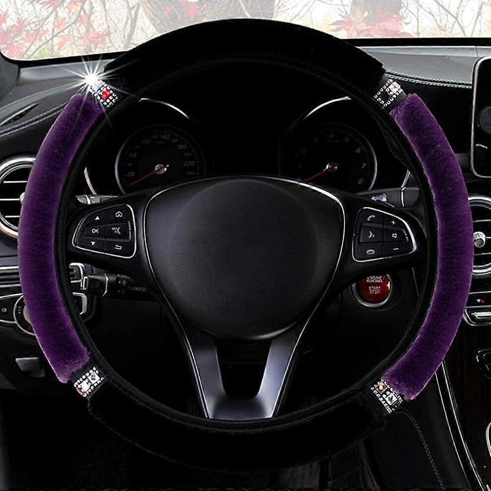 (As Show, One Size) Steering Wheel Cover For Winter Warm, Fluffy Pure Australia Sheepskin Wool, With Bling Bling Crystal Rhinestones, Universal 15 Inc Purple 4633503754710