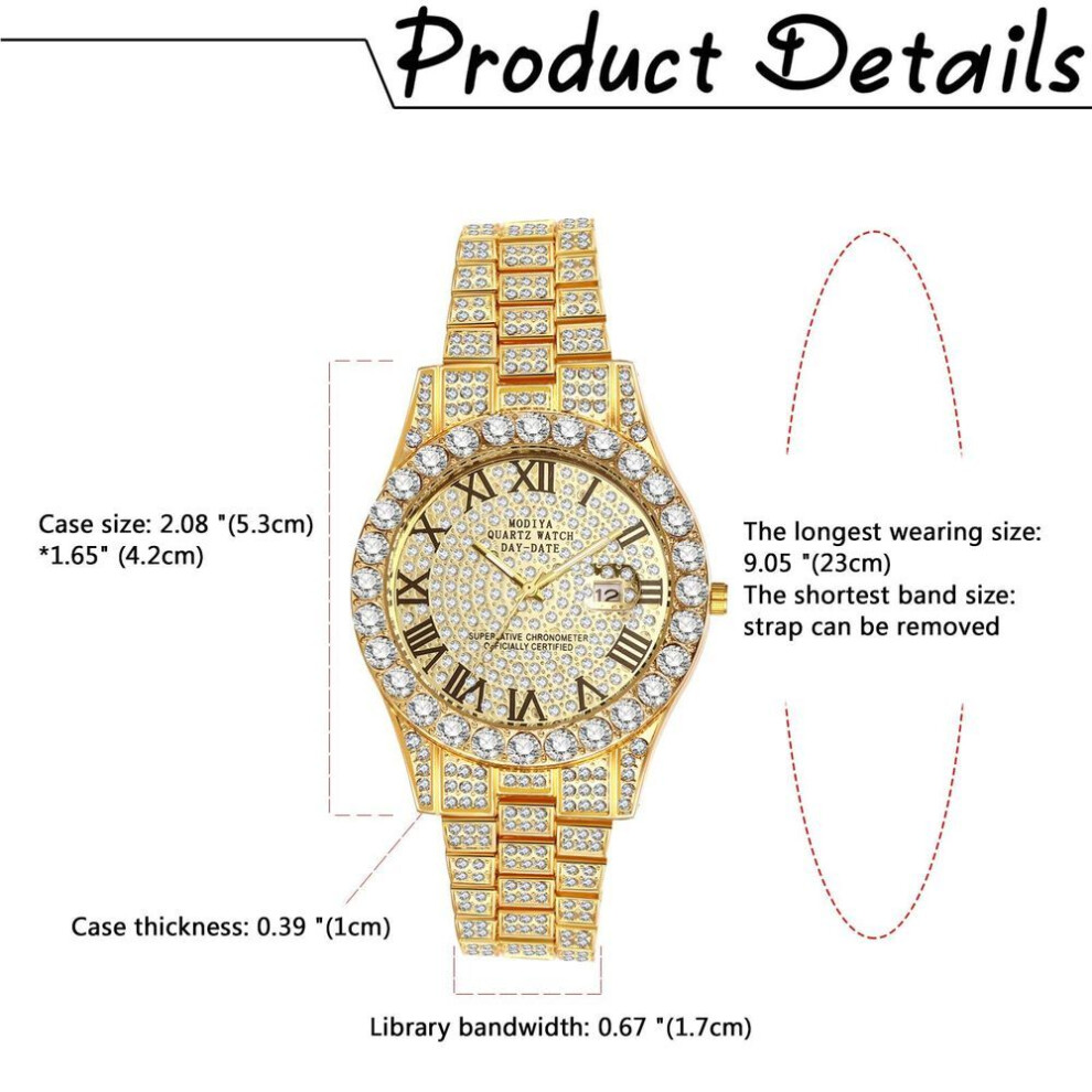 Watch Calendar Diamond Romaji Analog Waterproof Popular Stylish Stainless Steel Strap Gold Casual Business Fashion Watch Accessories Birthday