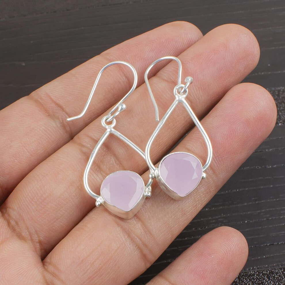 Rose Chalcedony Gemstone Jewelry, Handmade 925 Solid Sterling Silver Jewelry, Designer Silver Earrings Gift For Sister
