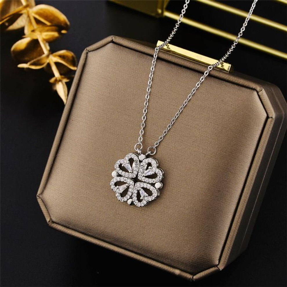 (silver) Uhbinyca Stainless Steel Necklace Four Full Zircon Crystal Heart Foldable Flower Pendant Necklaces For Women Wedding Jewelry
