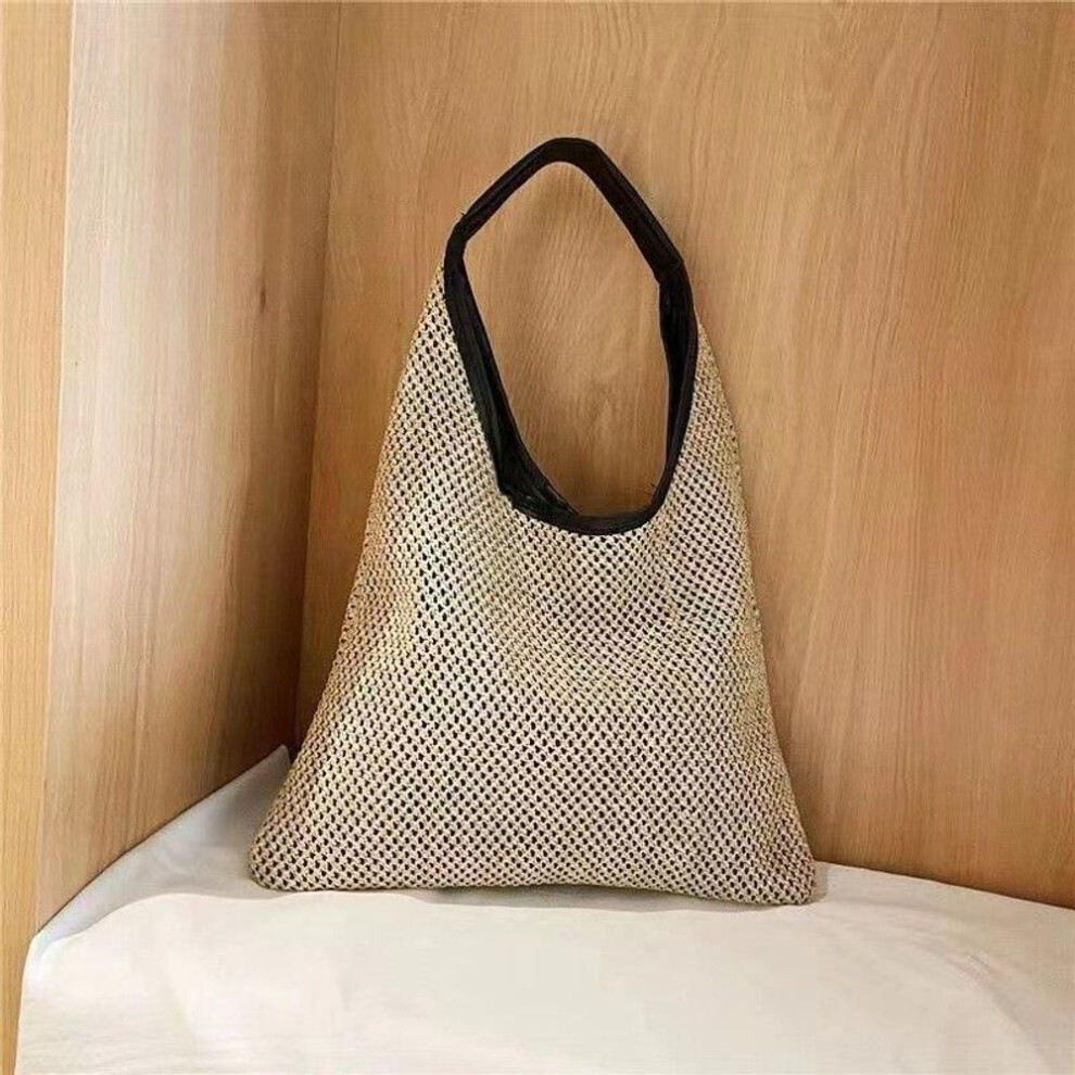 (khaki) New Summer Beautiful Weaving Cream Handbags Large Capacity Simple Style Shopping Bags Fashion Knit Women's Shoulder Bags