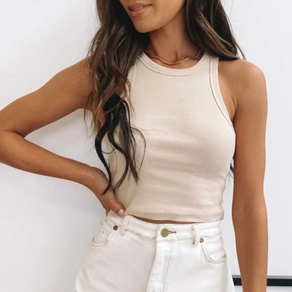 (M, beige) Ribbed Tank Top Women White Summer Casual Fitness Short Vest Candy Colors Knitted Off Shoulder Sexy Crop Top Women