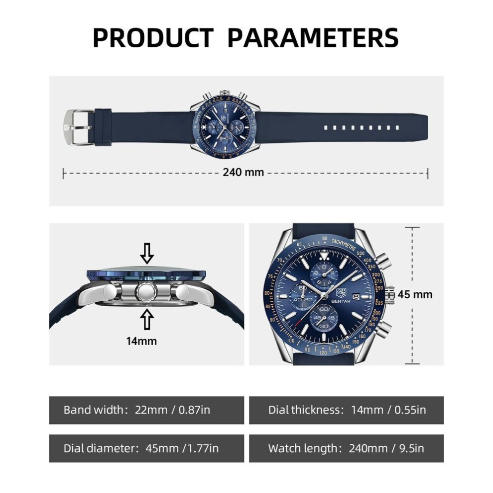 By Benyar Watch Chronograph Analog Quartz Movement Stylish Sports Designer Watch 30m Water Resistant Elegant Day Light Quartz Movement Men's Father's