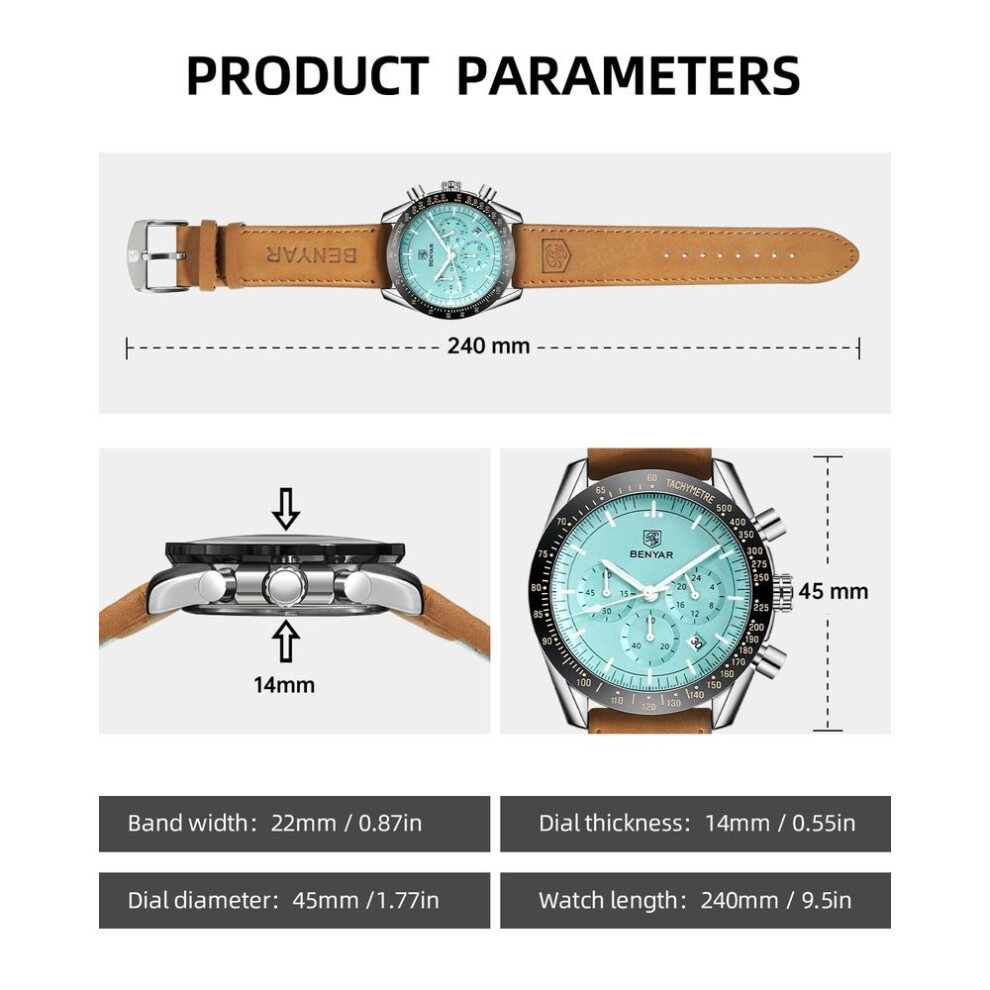 By Benyar Watch Chronograph Analog Quartz Movement Stylish Sports Designer Watch 30m Water Resistant Elegant Day Light Quartz Movement Men's Father's