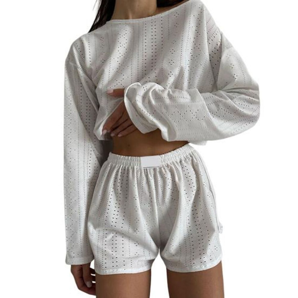 (white, L) 2 Pcs/set Women Top Shorts Suit High Waist Shorts Hollow Out Loose Cropped Blouse Long Sleeves Solid Color Outfit For Sport Jogging Sleeping