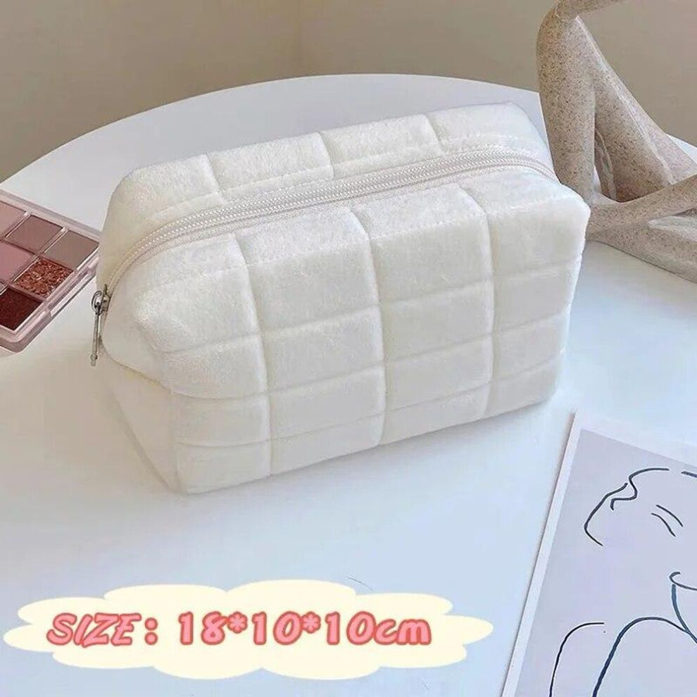 (beige) Solid Fur Cosmetic Storage Bag Large Women Zipper Makeup Organizer Handbag Stationery Pencil Case Travel Make Up Toiletry Punch