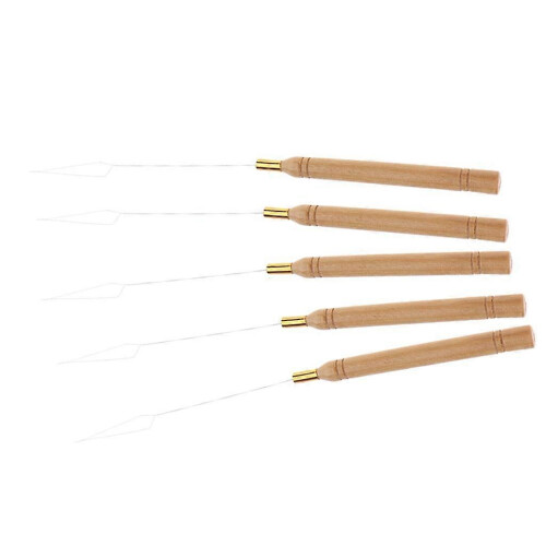 (As show, One size) 5 Pieces Wooden Handle Hair Extensions Loop Needle Threader Pulling Hair Care Styling Tools