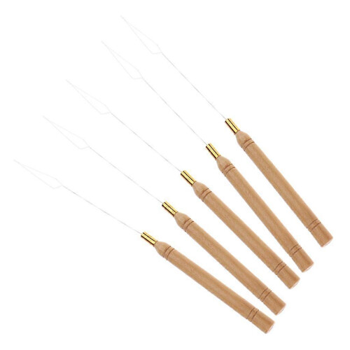 (As show, One size) 5 Pieces Wooden Handle Hair Extensions Loop Needle Threader Pulling Hair Care Styling Tools 2