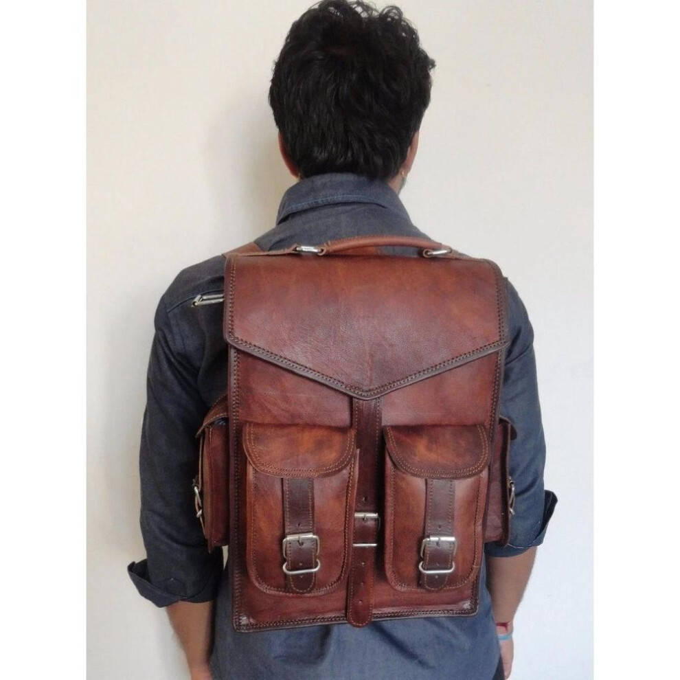 Genuine Vintage Brown Leather Backpack Messenger Bag Mens Shoulder Ruckbag  Bag