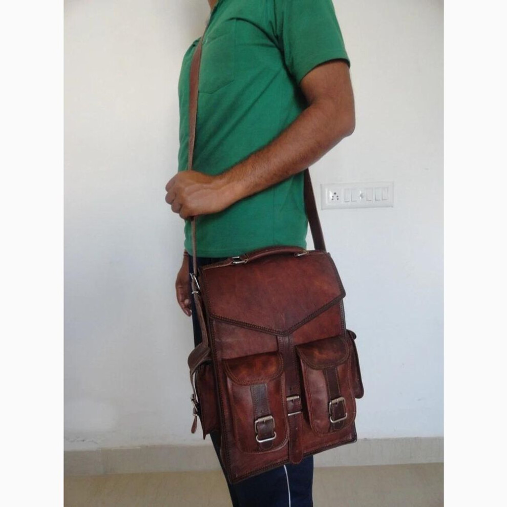New Genuine Vintage Brown Leather Backpack Messenger Bag Mens Shoulder Ruckbag  Bag
