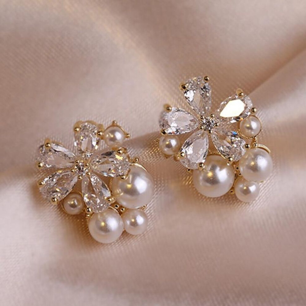 Korean Style Crystal Flower Stud Earrings For Women Sweet Flower Imitation Pearl Zircon Rhinestone Earring Party Jewelry Gifts Ysl