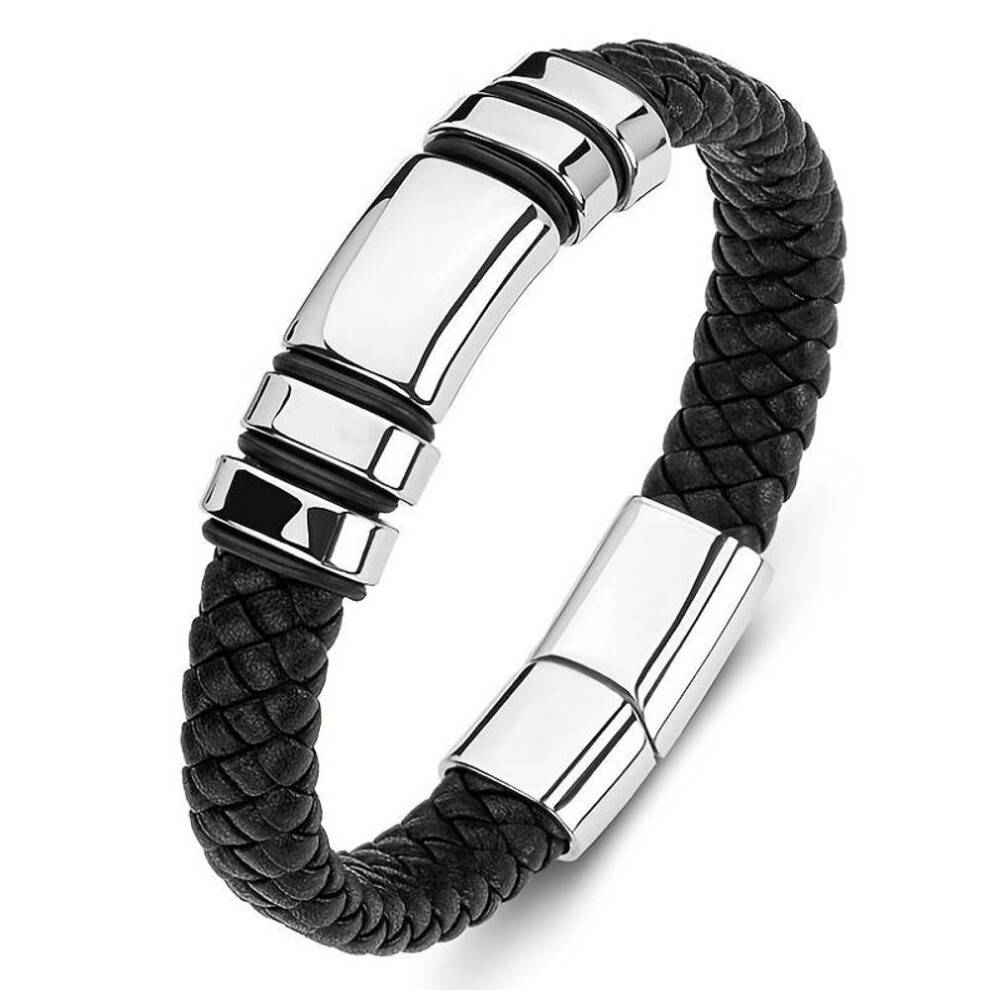 (silver) New Fashion Personality Trend Men's Cool Simple Leather Smooth 4-ring Bracelet