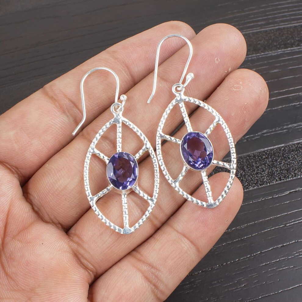Iolite Gemstone Jewelry, 925 Solid Sterling Silver Earrings, Handmade Awesome Jewelry Gift For Mother, Earrings For Gift