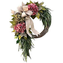 (As show, One size) Farmhouse Pink Hydrangea Wreath Front Door Decor Summer Spring Door Hanger Christmas Party Decor Supplies House - 40cm