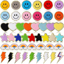 (As show, One size) 45 Pieces Chenille Rainbow Iron on Patches Smile Face Lightning Star Sew on Patches Love Heart Embroidered Applique Cute Iron on Patches for Clothing