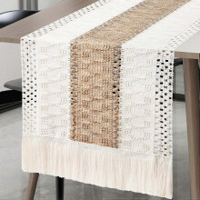 (As show, One size) Macrame Table Runner, Farmhouse Natural Burlap Table Runner, Splicing Cotton Boho Table Runner with Tassels for Bohemian Wedding Picnic Home Dining Ta