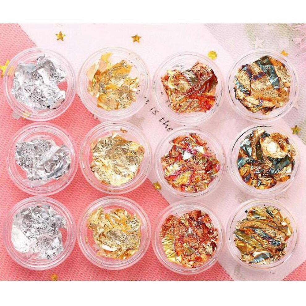 (As show, One size) 12Color Nail Art Sticker Glitter Manicure Gold Silver Foil Paper Uv Gel Polish