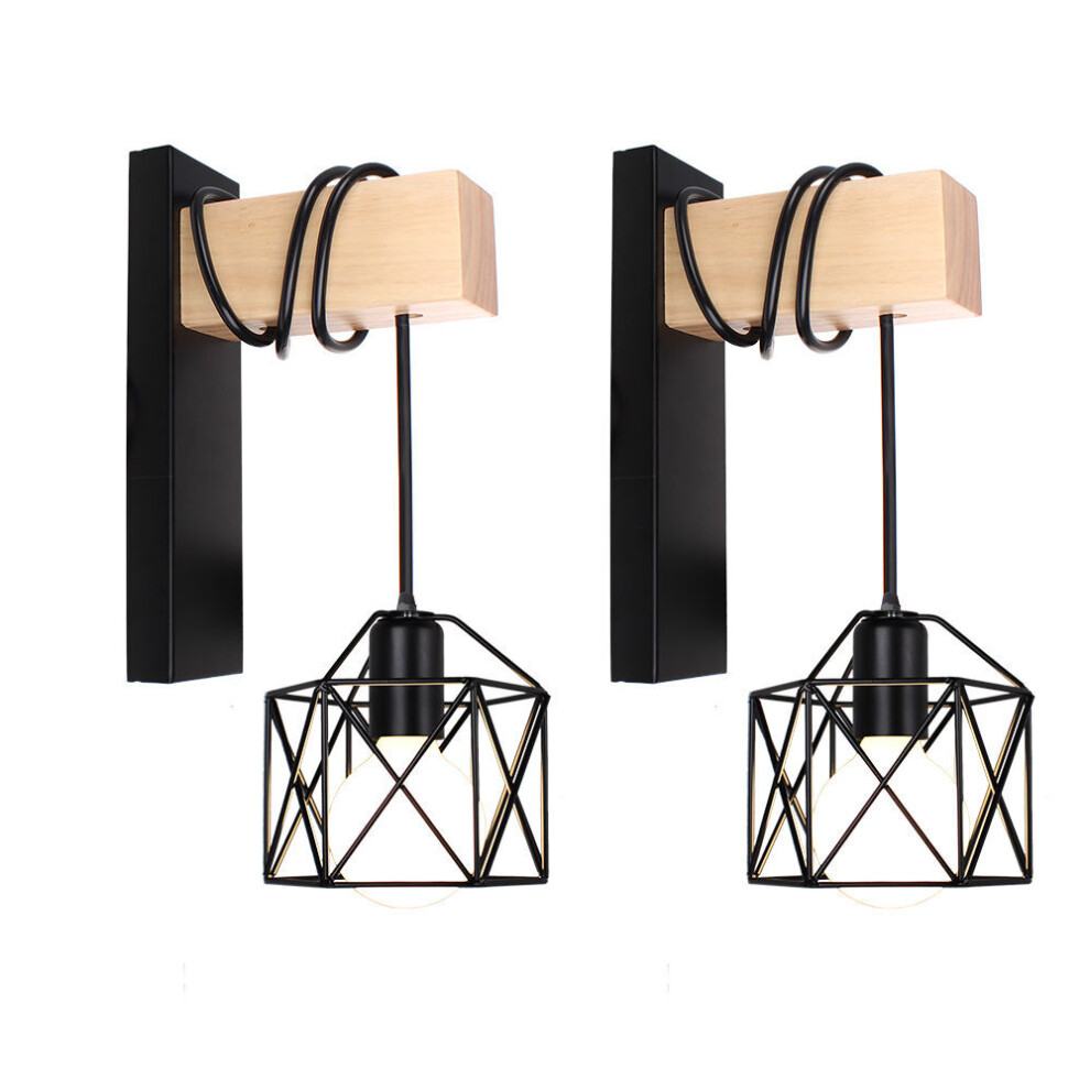2PCS Applique Murale Rétro en Bois Lampe Murale Cage Carrée Applique Murale D'Intérieur Moderne Pour Chevet Loft Escalier Noir