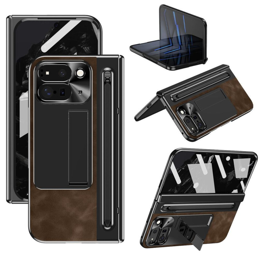 (as the picture, Coffee) For Google Pixel 10 Pro Fold Case Pen Slot Leather+pc Kickstand Phone Cover With Tempered Glass Film,stylus