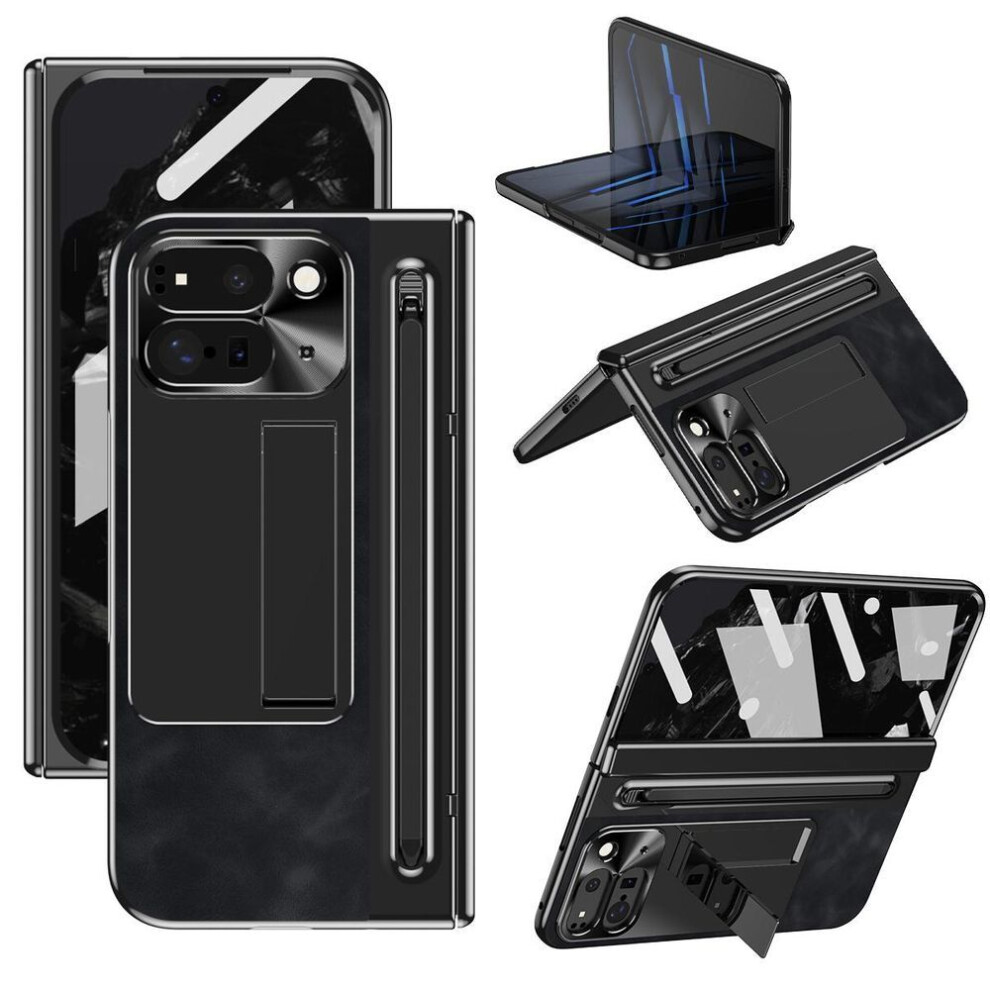 (as the picture, Black) For Google Pixel 10 Pro Fold Case Pen Slot Leather+pc Kickstand Phone Cover With Tempered Glass Film,stylus