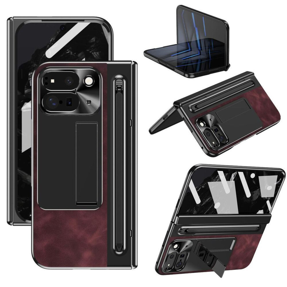 (as the picture, Wine Red) For Google Pixel 10 Pro Fold Case Pen Slot Leather+pc Kickstand Phone Cover With Tempered Glass Film,stylus