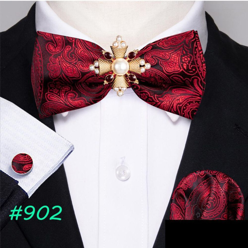 (as the picture, 902) Barry.wang Mens Bow Tie With Pearl Brooch Paisley Silk Pre-tied Bowtie Hanky Cufflinks For Wedding Dating