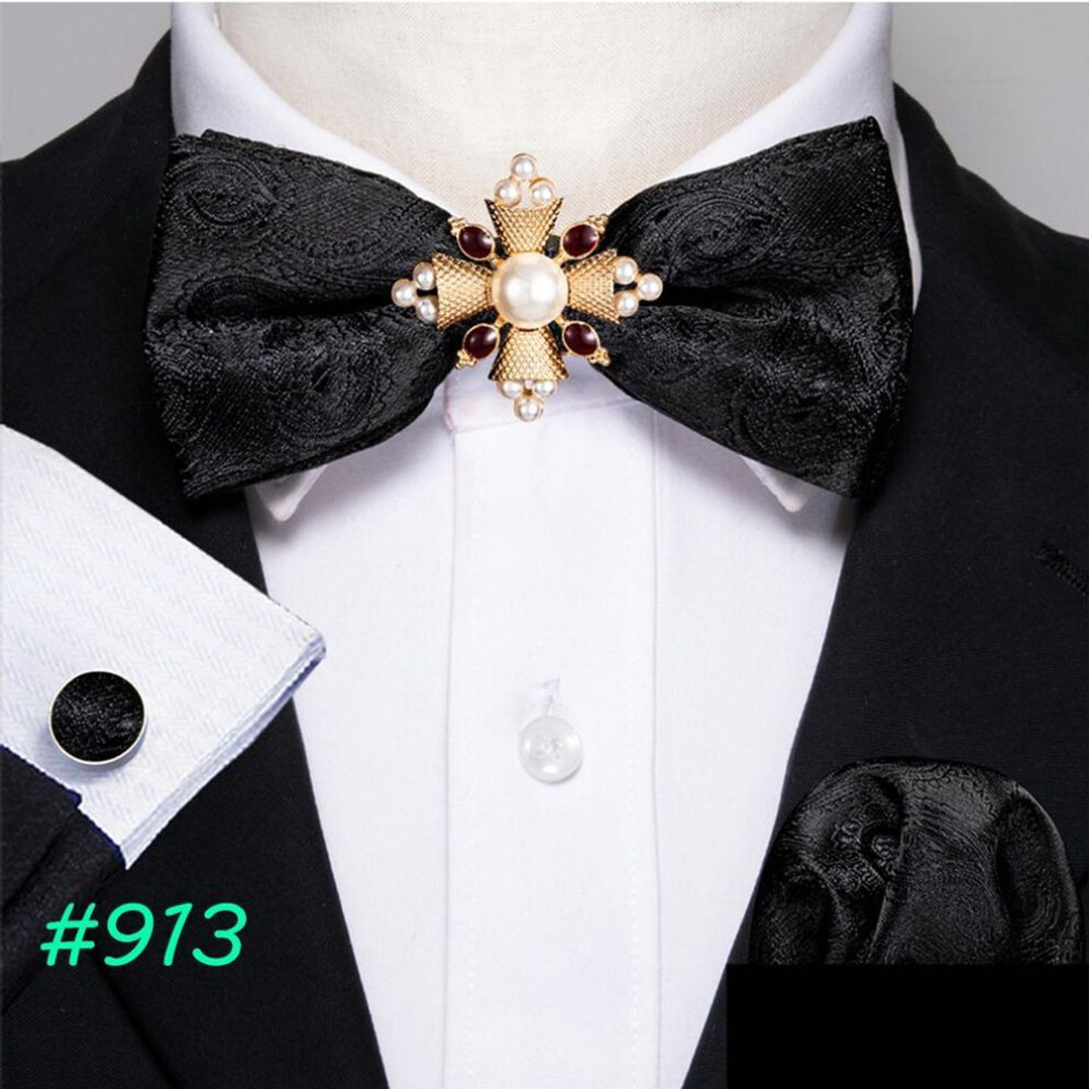 (as the picture, 913) Barry.wang Mens Bow Tie With Pearl Brooch Paisley Silk Pre-tied Bowtie Hanky Cufflinks For Wedding Dating
