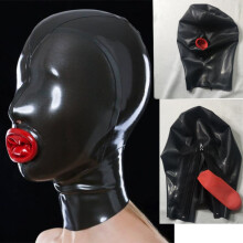 (Black-, L) Latex Gummi Rubber Hood with Zip Tongue Fetish BDSM Rubber Mask Cosplay Mask