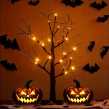 (Orange) 60.96cm Halloween Birch Tree Light, Orange Purple 24 LED Black Branches Tree Lights, USB/Battery Operated Tabletop Halloween Spooky Decorations Light
