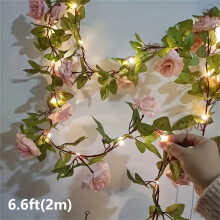 (6.6ft/2m, 1pc) 20 LED Champagne Rose Garland String Lights - Romantic Floral Vine Fairy Lights with Pink Roses & Green Leaves, Battery Powered (6.6ft or 16.4ft)