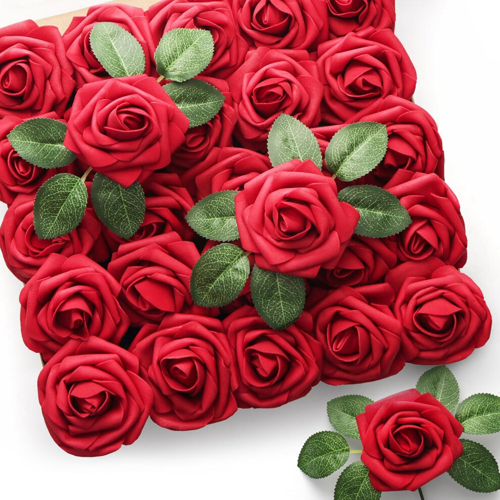 (Dark Red) 50Pcs Red Roses Artificial Flowers, DIY Craft Flowers for Wedding Bridal Bouquets Centerpieces Arrangement Party Home Decorations-image-OPC-PHSHSFC-NEW