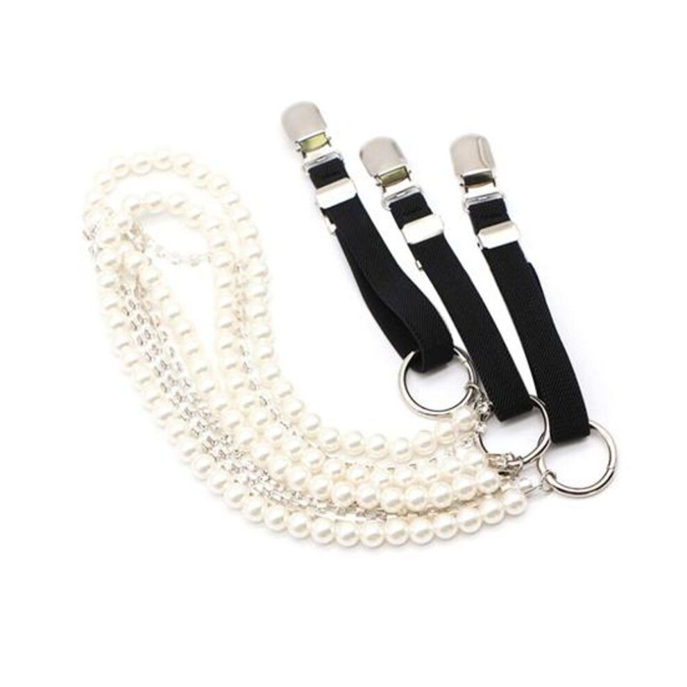 Women Suspenders Belt Faux Pearl Shirt Decoration Adjustable Elastic Duck-mouth Clip Back Strap Outwear Clothes Strap Chain Jewelry Suspender