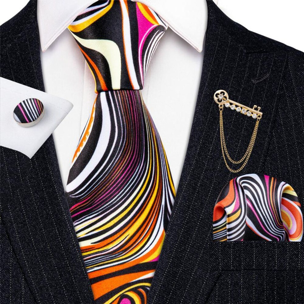 Barry.wang Men Ties Novelty Orange Silk Necktie Brooch Pin Hanky Cufflinks Designer Set