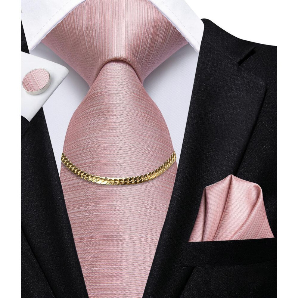 Hi-tie Mens Pink Tie Chain Silk Necktie Handkerchief Cufflinks For Business Wedding