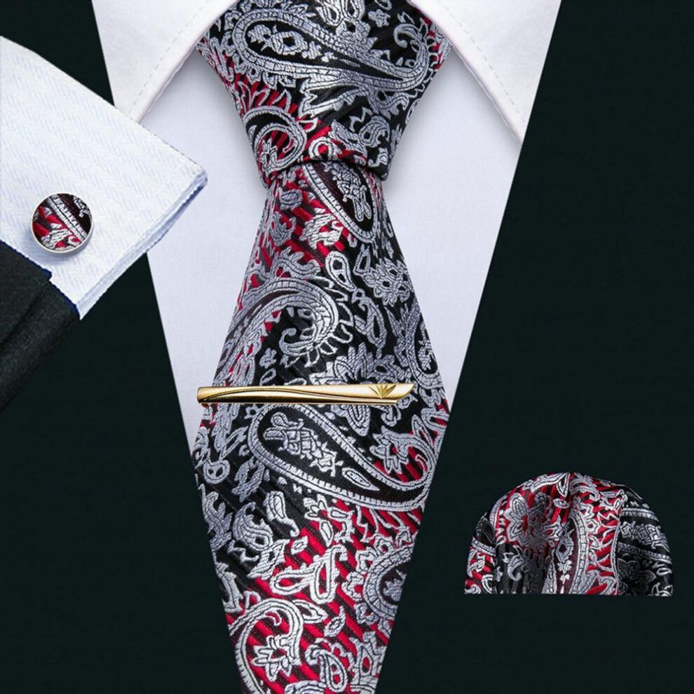 (as the picture, N-0359) Barry.wang Red Ties For Men Paisley Stripes Check Silk Necktie Hanky Cufflinks Gold Tie Clip For Wedding Business
