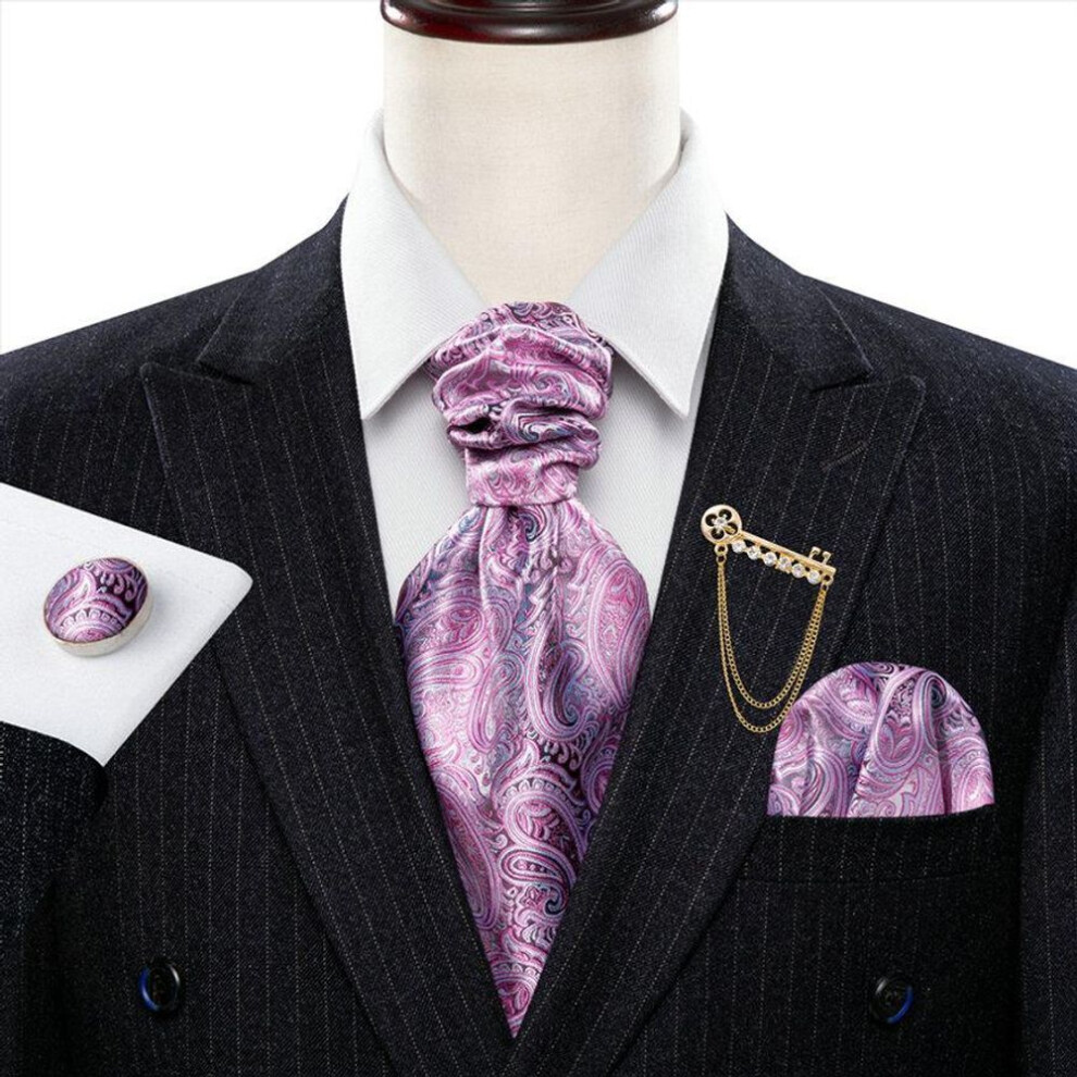 (as the picture, AS-0002) Cool Ascot For Men Paisley Silk Cravat Tie Hanky Cufflinks With Brooch Pin Set For Formal Designer