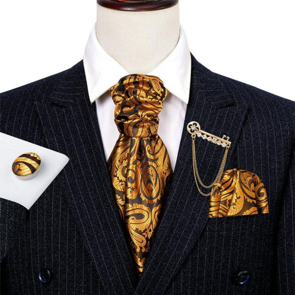 (as the picture, AS-0003) Cool Ascot For Men Paisley Silk Cravat Tie Hanky Cufflinks With Brooch Pin Set For Formal Designer