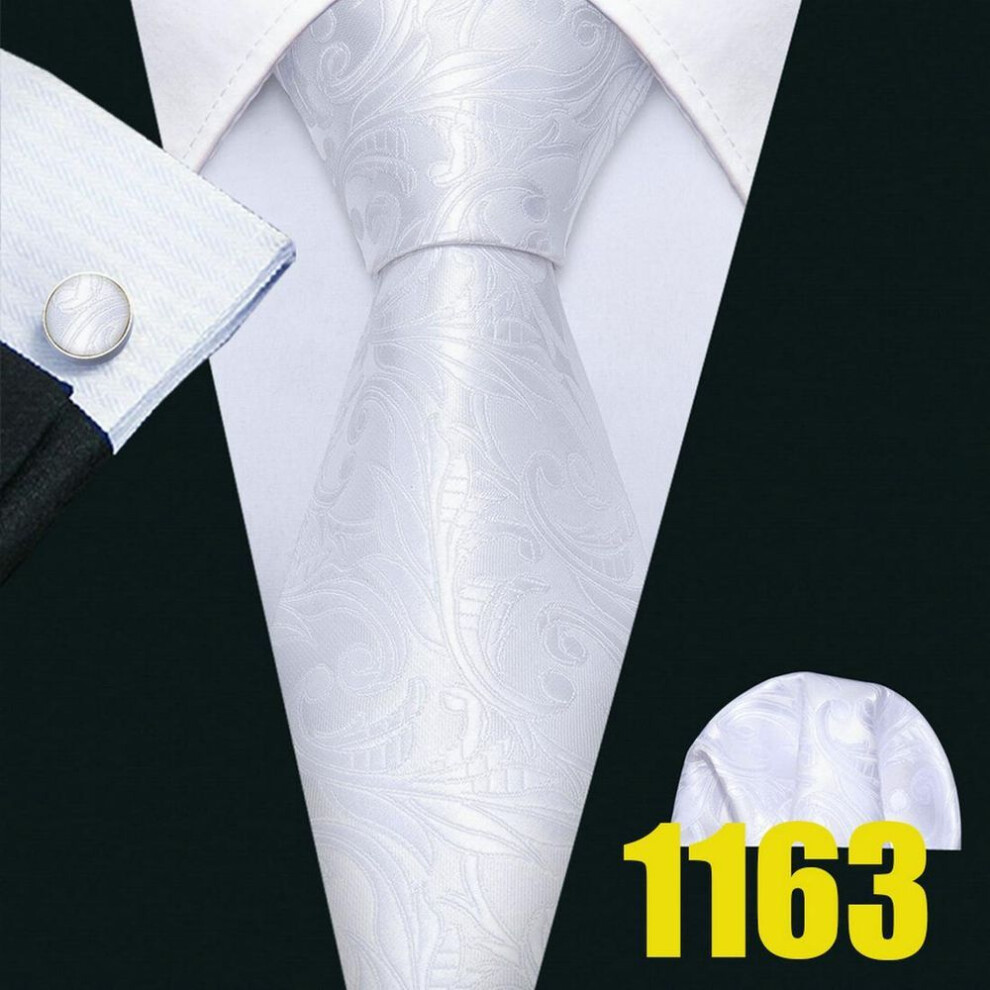 (as the picture, N-1163) Barry.wang White Beige Silk Tie Mens Fashion Jacquare Necktie Handkerchief Cufflinks Formal Wedding