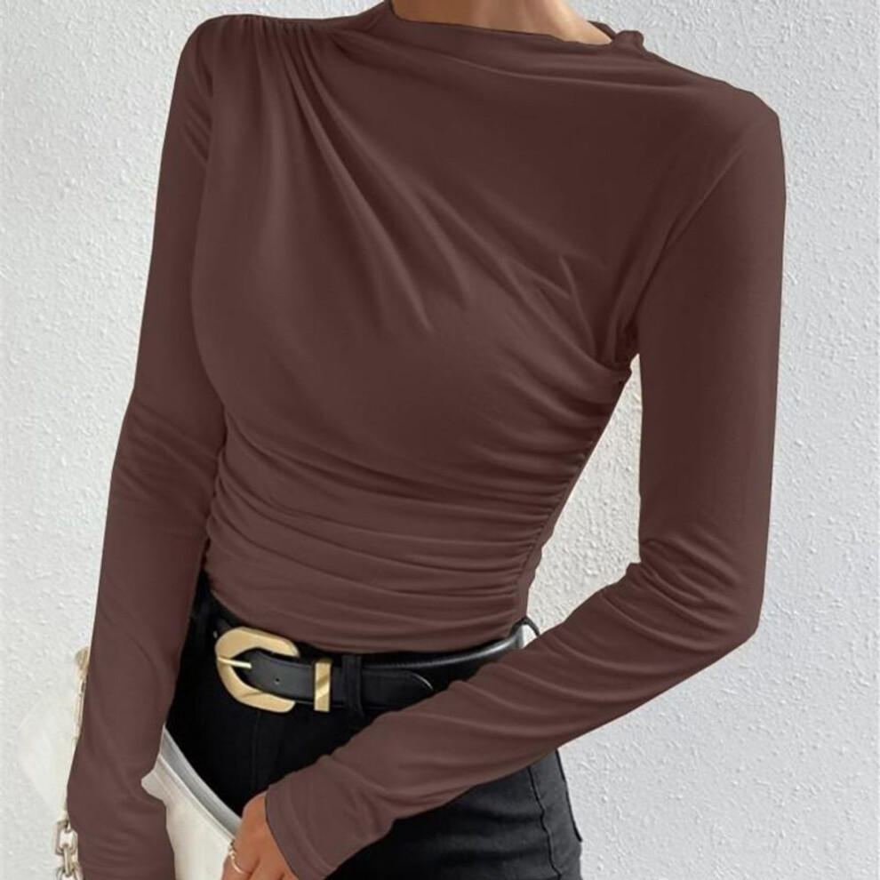 (XS, dark brown) Gmxia Women's Fashion Casual Autumn Solid Color Print Long Sleeve Half Turtleneck Blouses & Shirts