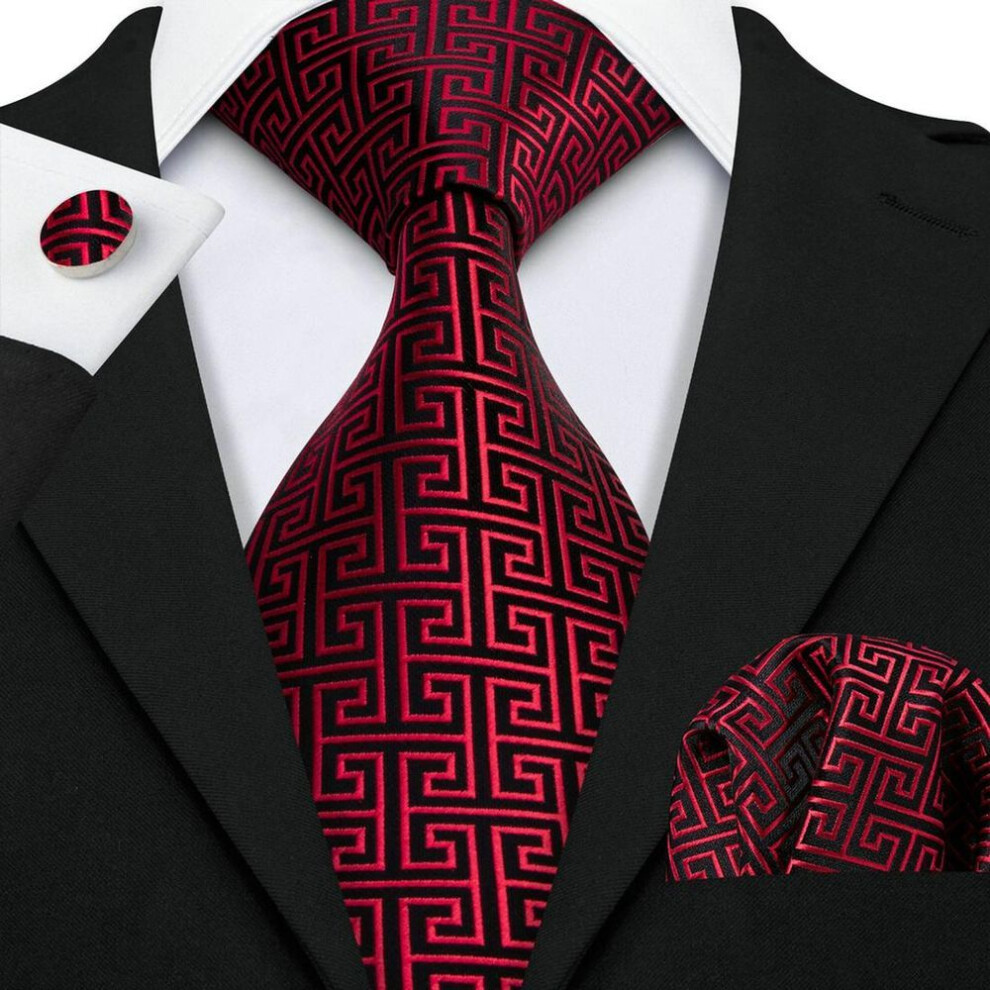 (red, N-0554) Barry.wang Mens Luxury Design Necktie Hanky Cufflinks Set 6 Color Fashion Classic Silk Tie For Men